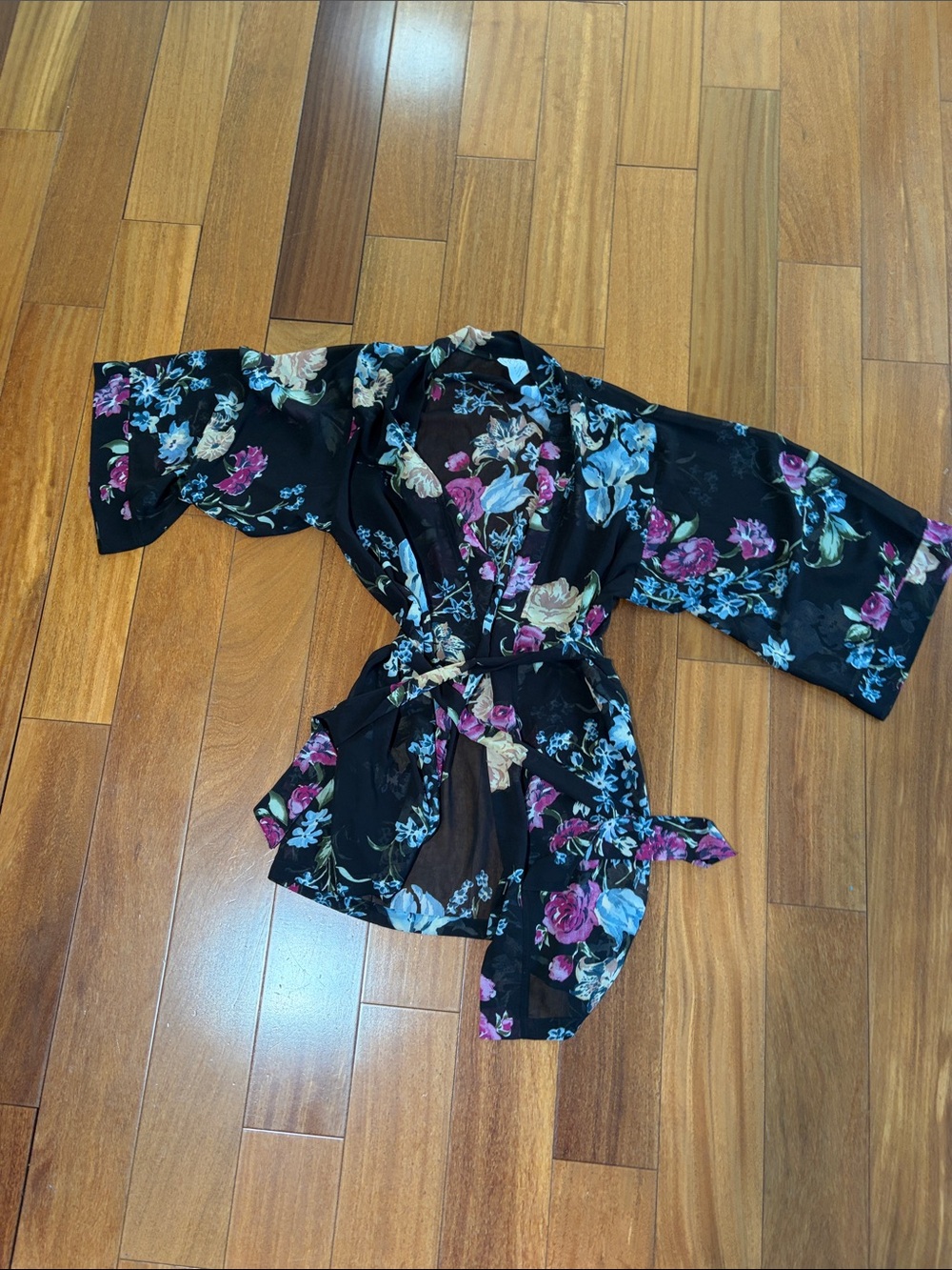 Black Floral Sheer Kimono Robe with Tie Belt